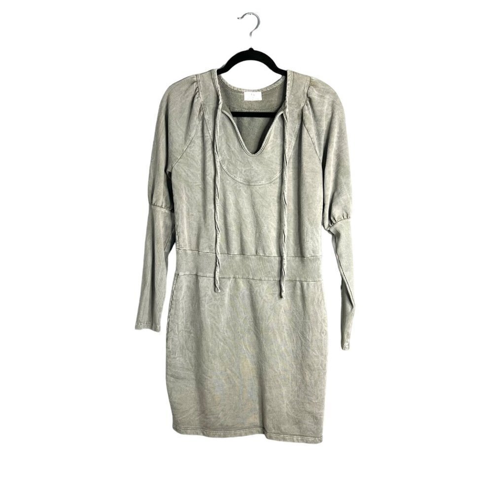 T.La Long Sleeve French Terry Casual Dress Green Mineral Wash Mini Short Small